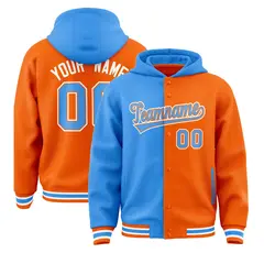 Powder Blue Orange Two Tone Split Varsity Letterman Hoodie Jacket