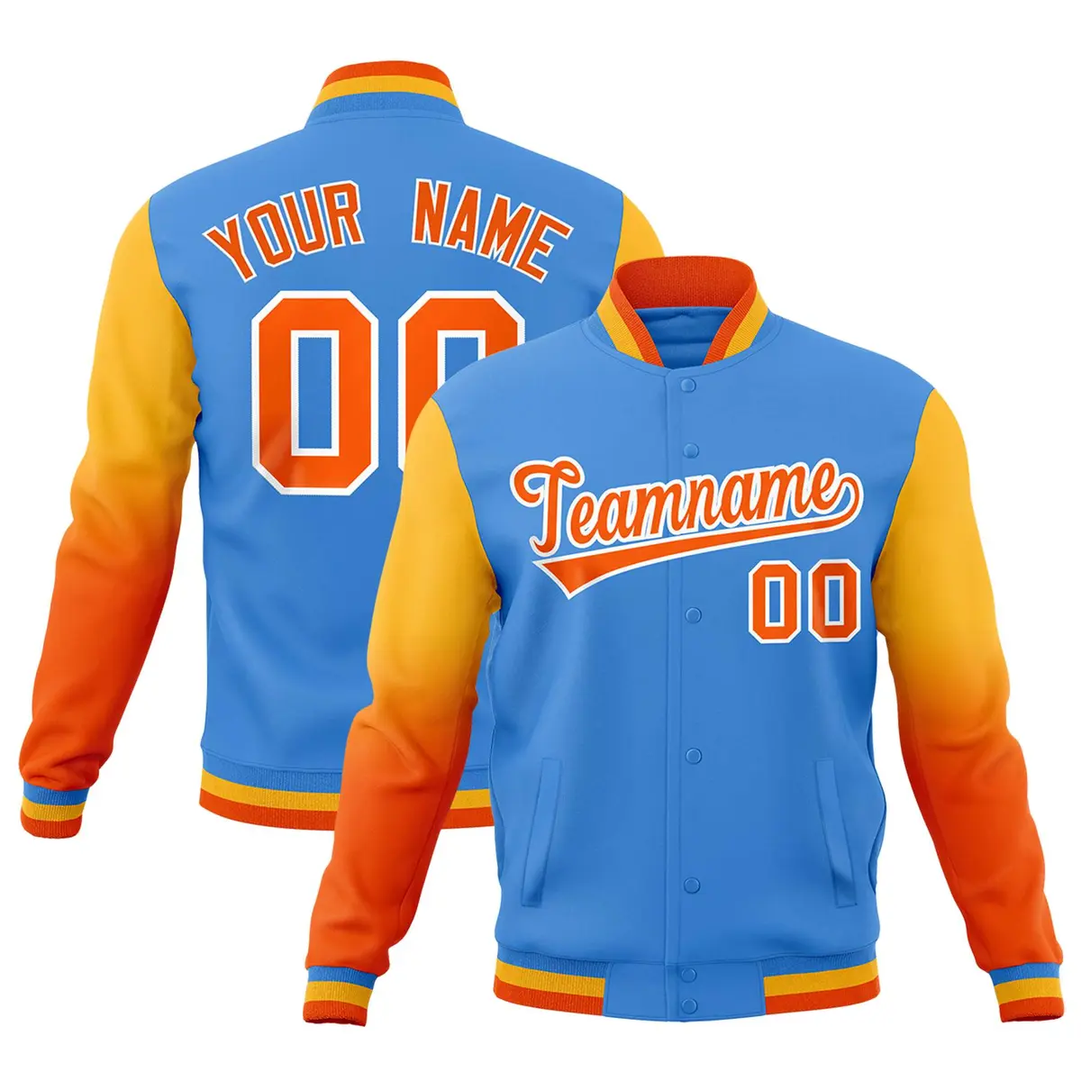Powder Blue Orange White Gradient Raglan Varsity Letterman Jacket