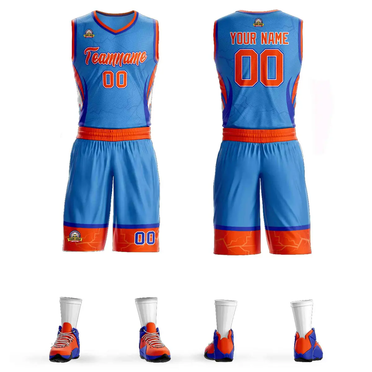 Powder Blue Orange White Graffiti Lightning Basketball Jersey