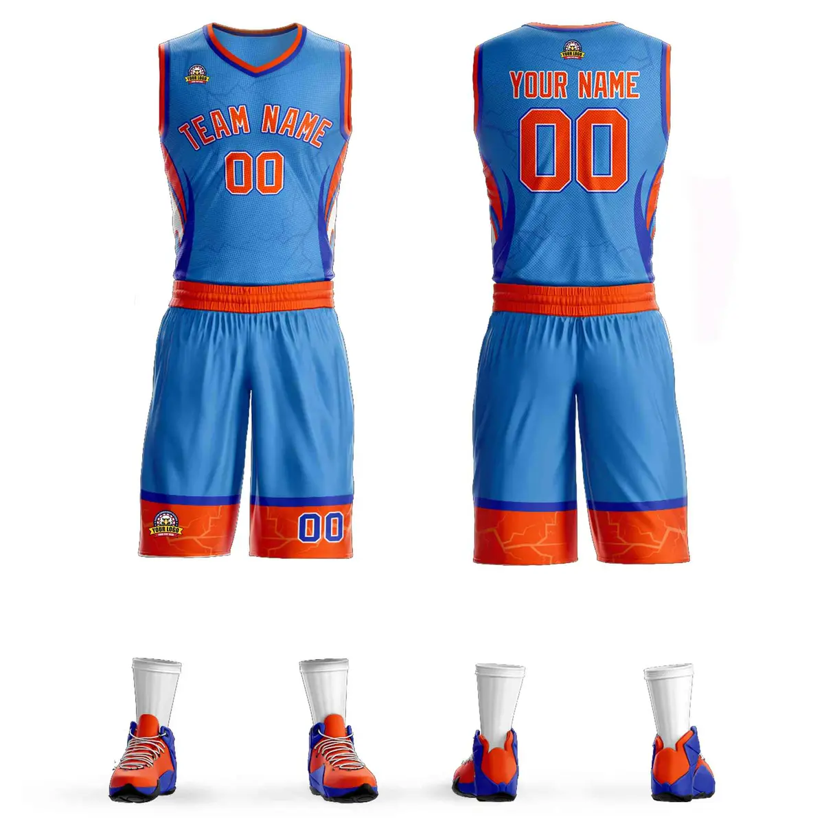 Powder Blue Orange White Graffiti Lightning Basketball Jersey