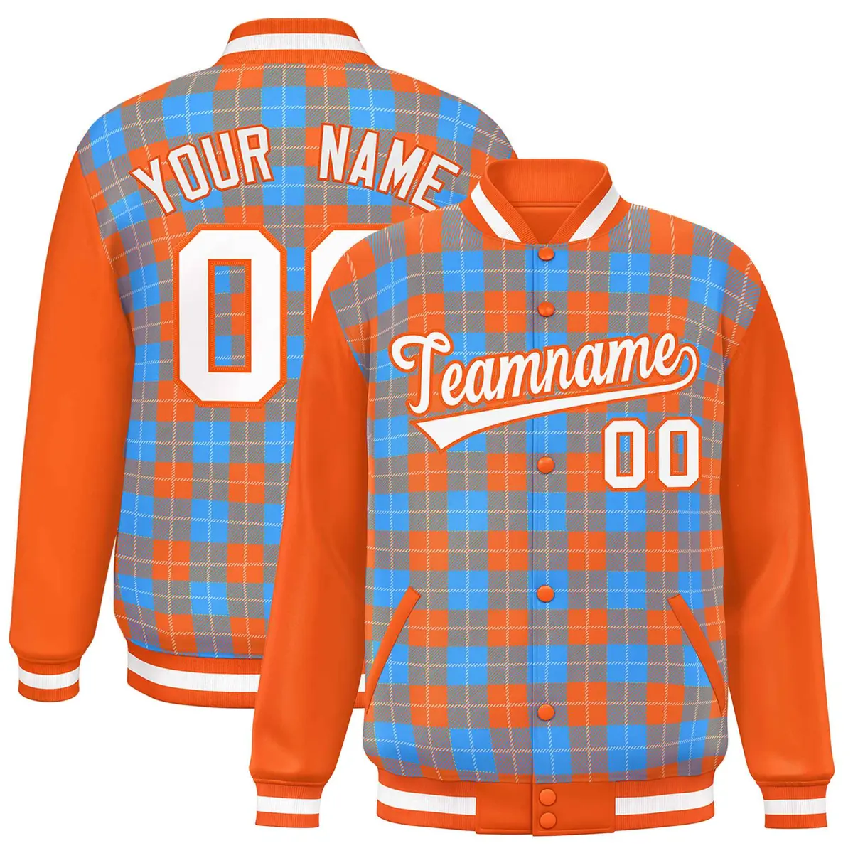 Powder Blue Orange-White Plaid Varsity Full-Snap Letterman Jacket