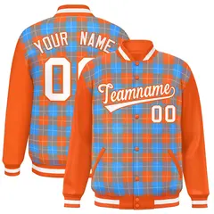 Powder Blue Orange-White Plaid Varsity Full-Snap Letterman Jacket