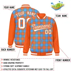 Powder Blue Orange-White Plaid Varsity Full-Snap Letterman Jacket 2