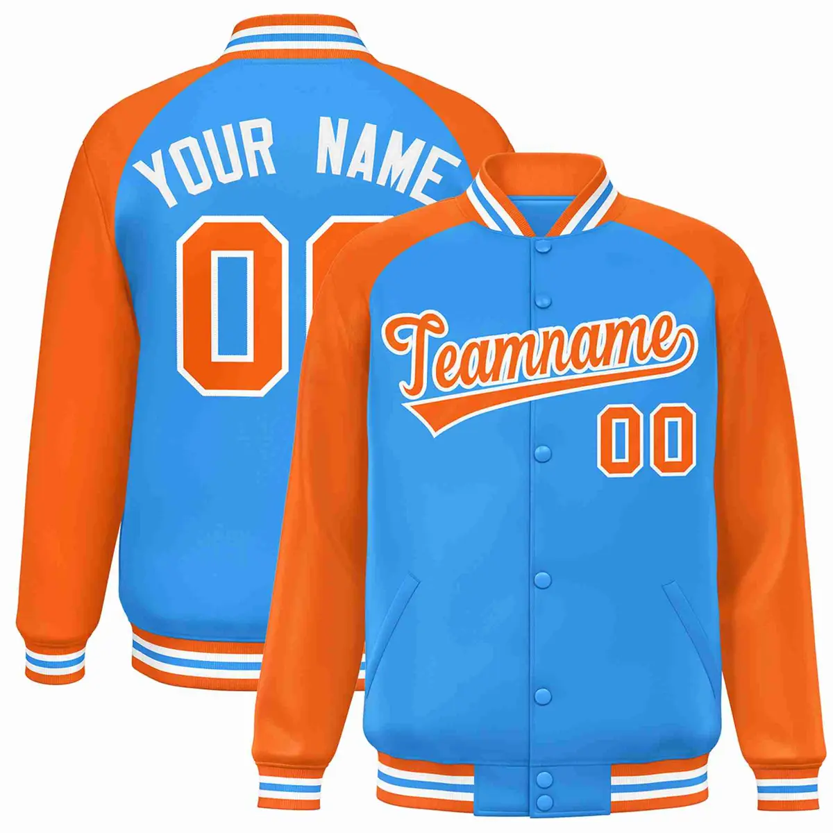 Powder Blue Orange-White Raglan Varsity Full-Snap Letterman Jacket