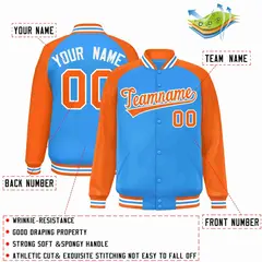 Powder Blue Orange-White Raglan Varsity Full-Snap Letterman Jacket 2