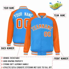 Powder Blue Orange-White Raglan Varsity Full-Snap Letterman Jacket 2