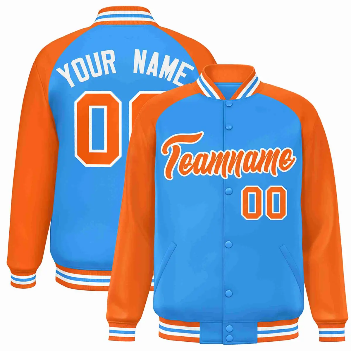 Powder Blue Orange-White Raglan Varsity Full-Snap Letterman Jacket