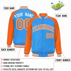 Powder Blue Orange-White Raglan Varsity Full-Snap Letterman Jacket 2