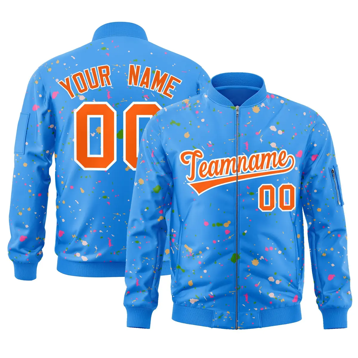 Powder Blue Orange-White Splash Graffiti Varsity Full-Zip Letterman Jacket