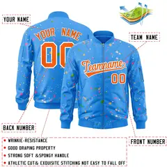 Powder Blue Orange-White Splash Graffiti Varsity Full-Zip Letterman Jacket 2