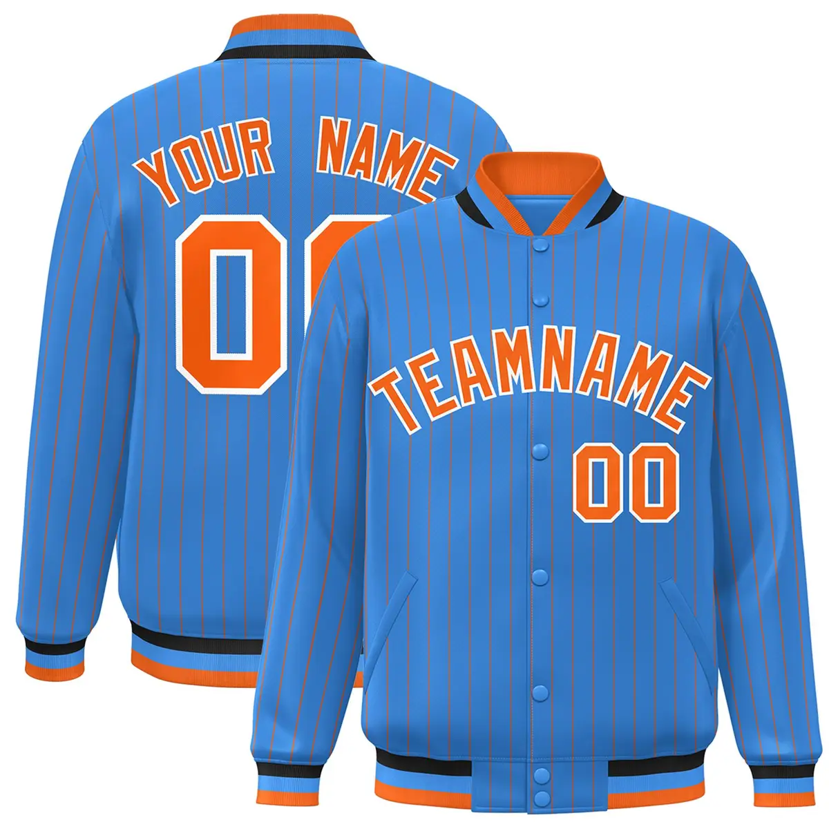 Powder Blue Orange-White Stripe Letterman Bomber Varsity Jacket