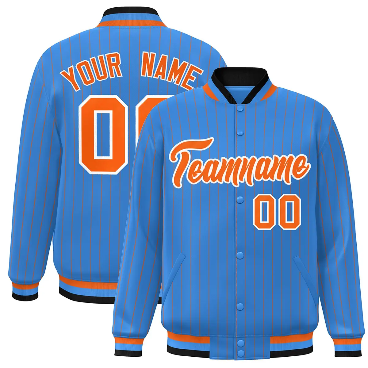 Powder Blue Orange-White Stripe Letterman Bomber Varsity Jacket