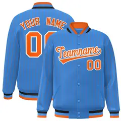 Powder Blue Orange-White Stripe Letterman Bomber Varsity Jacket