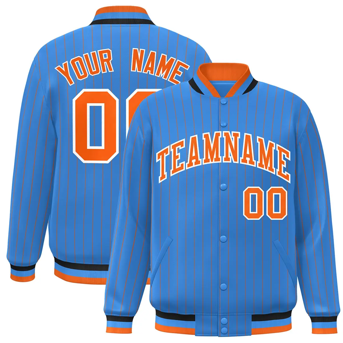 Powder Blue Orange-White Stripe Letterman Bomber Varsity Jacket