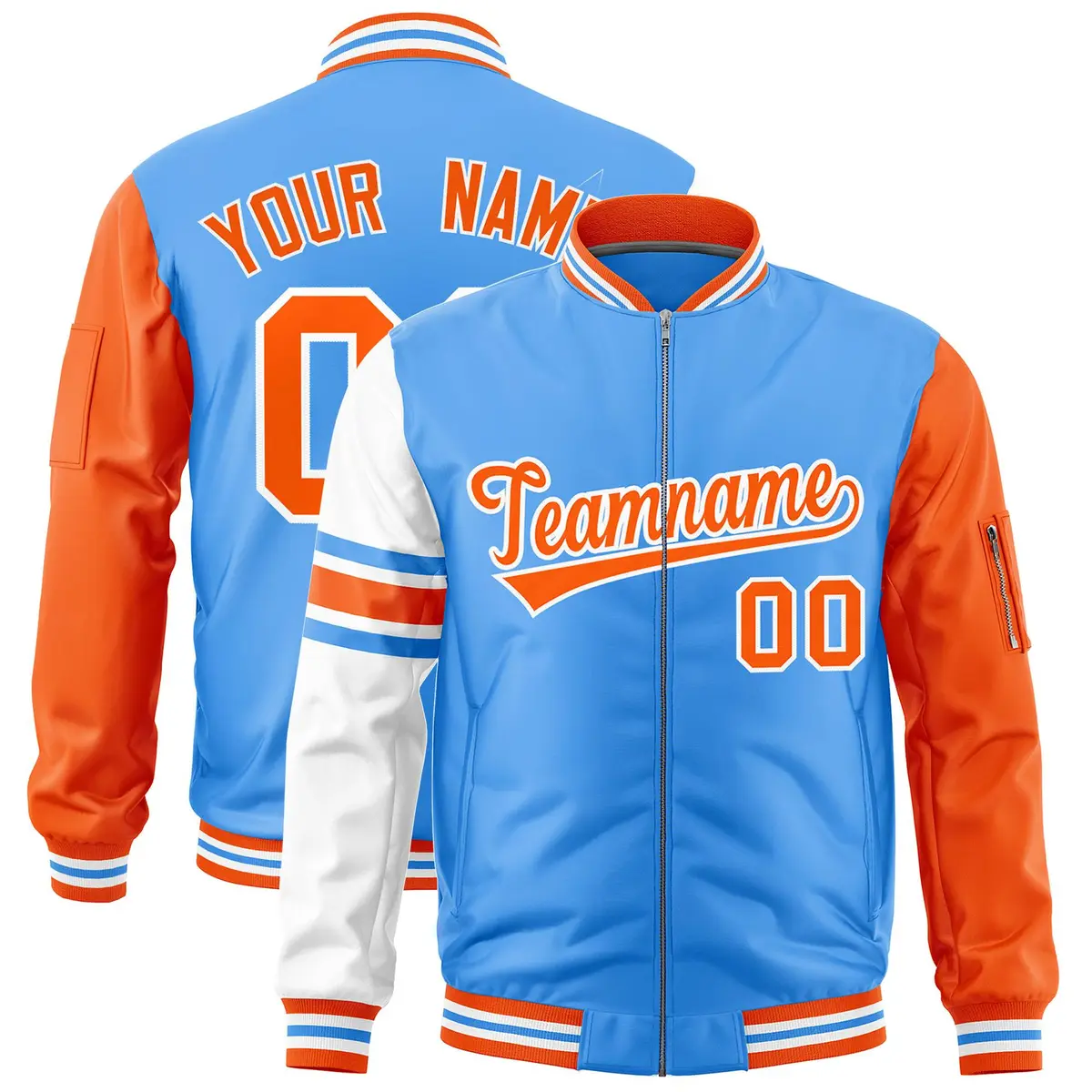 Powder Blue Orange-White Stripe Varsity Letterman Bomber Jacket