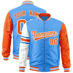Powder Blue Orange-White Stripe Varsity Letterman Bomber Jacket 1
