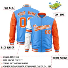 Powder Blue Orange-White Stripe Varsity Letterman Bomber Jacket 2