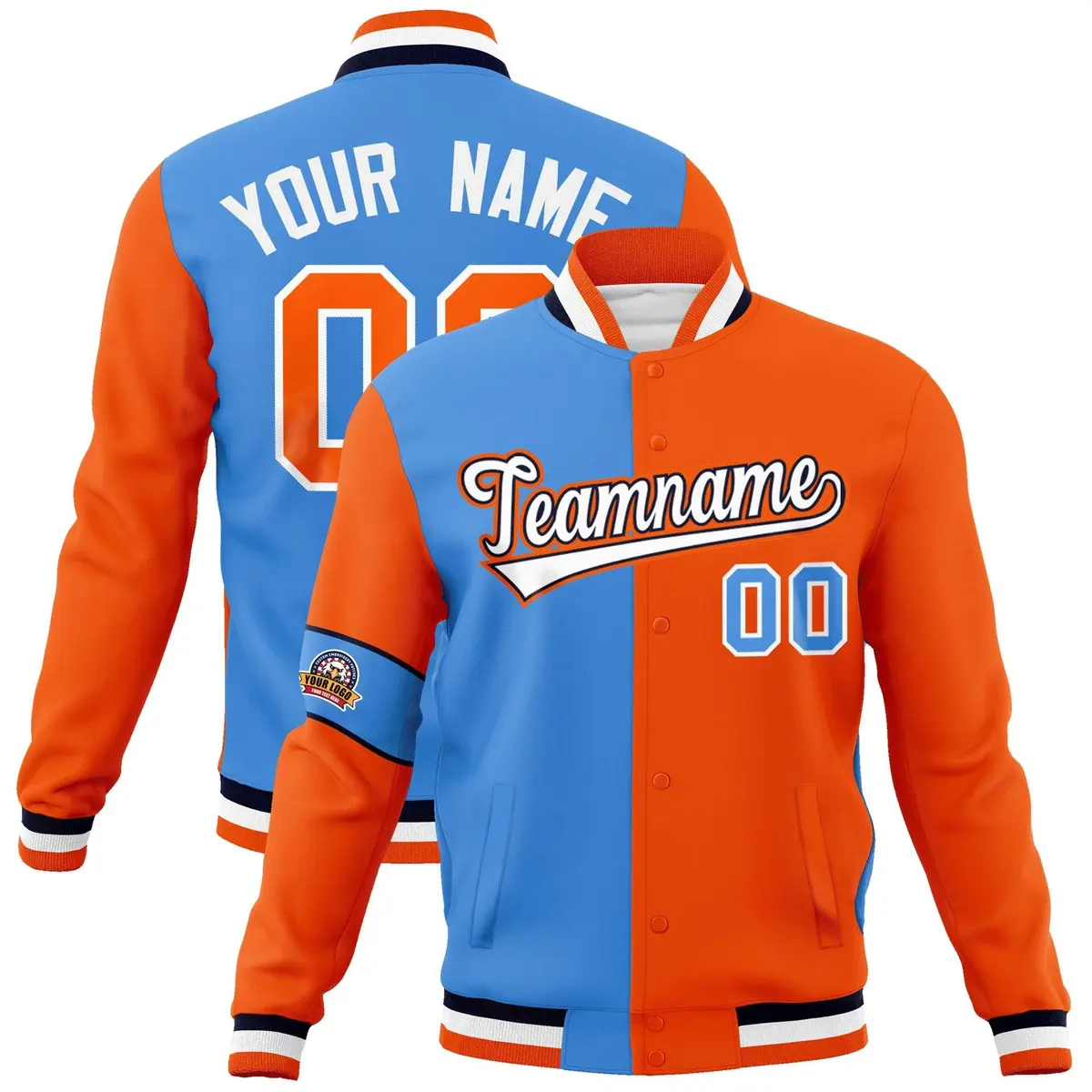 Powder Blue Orange White Two Tone Split Letterman Full-Snap Jacket