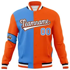 Powder Blue Orange White Two Tone Split Letterman Full-Snap Jacket 5