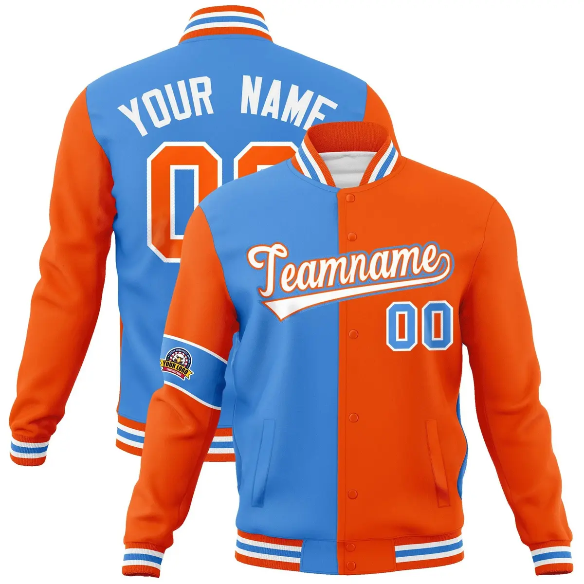 Powder Blue Orange White Two Tone Split Letterman Full-Snap Jacket