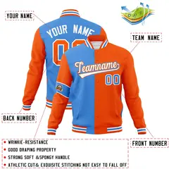 Powder Blue Orange White Two Tone Split Letterman Full-Snap Jacket 4