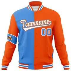 Powder Blue Orange White Two Tone Split Letterman Full-Snap Jacket 5