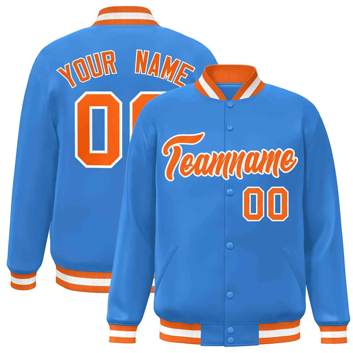 Powder Blue Orange-White Varsity Full-Snap Letterman Jacket