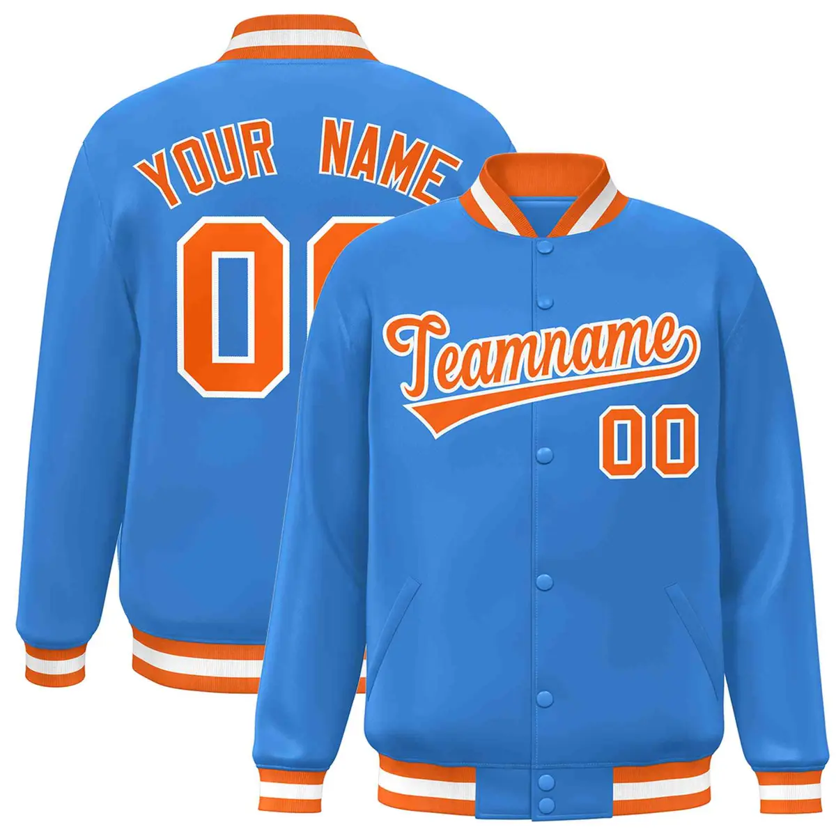Powder Blue Orange-White Varsity Full-Snap Letterman Jacket