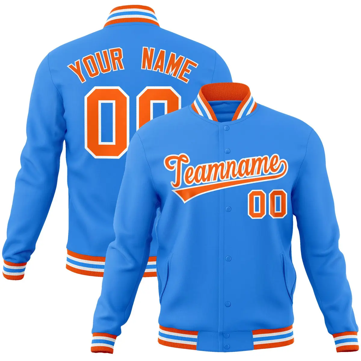 Powder Blue Orange-White Varsity Full-Snap Letterman Jacket