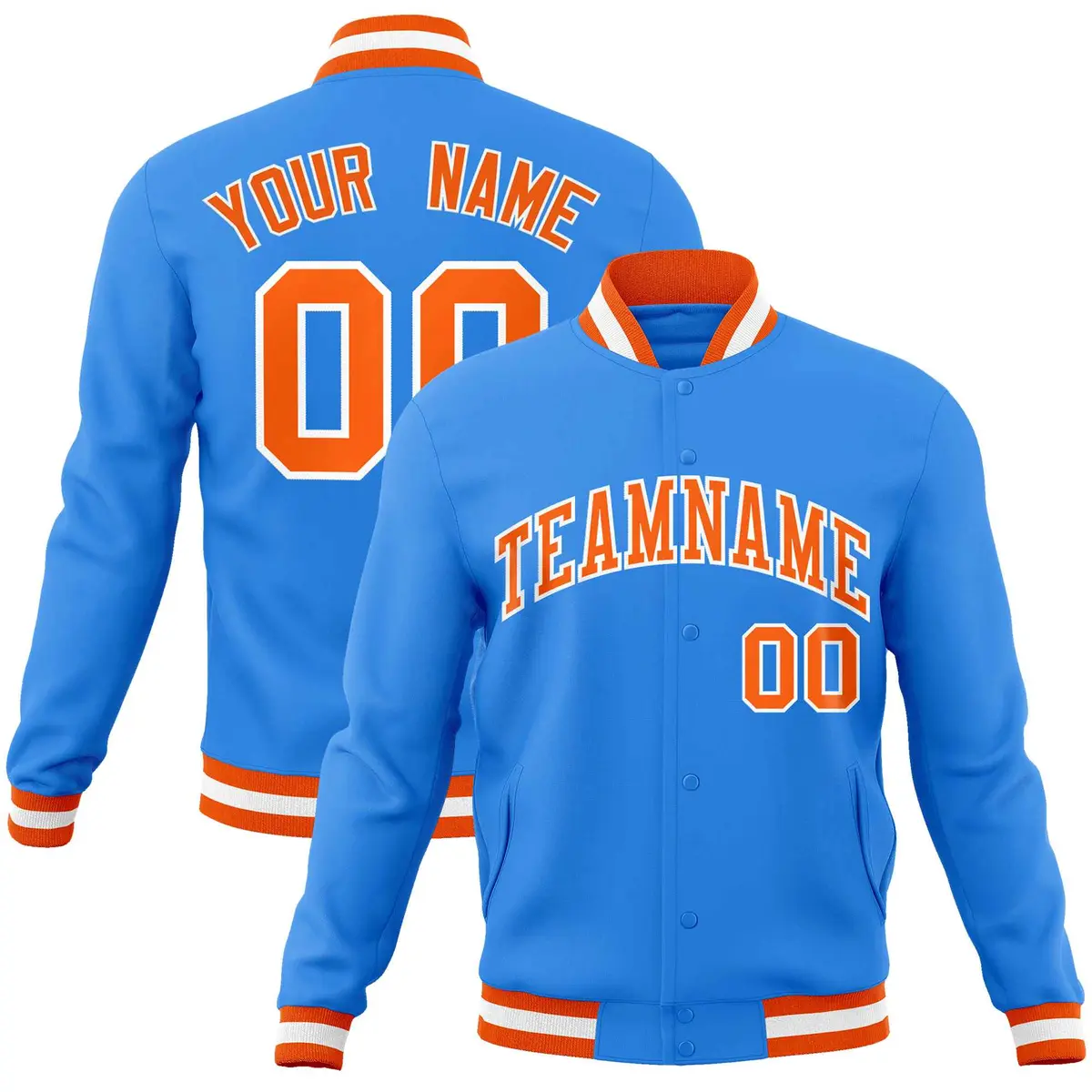 Powder Blue Orange-White Varsity Full-Snap Letterman Jacket