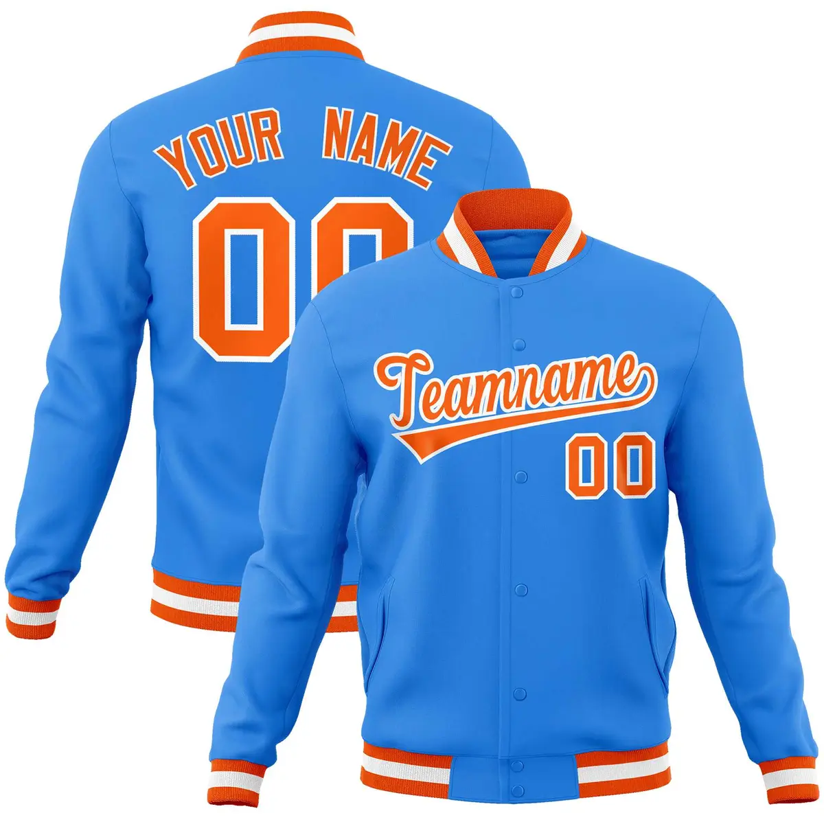 Powder Blue Orange-White Varsity Full-Snap Letterman Jacket