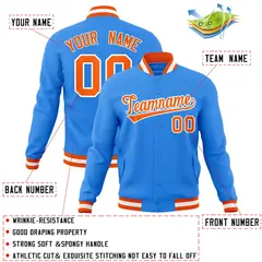 Powder Blue Orange-White Varsity Full-Snap Letterman Jacket 4