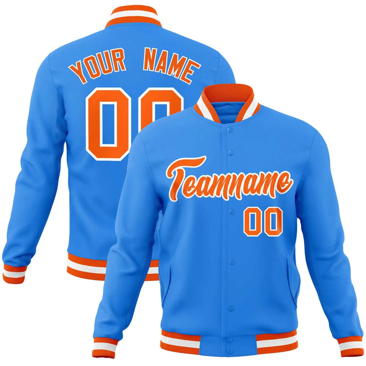 Powder Blue Orange-White Varsity Full-Snap Letterman Jacket