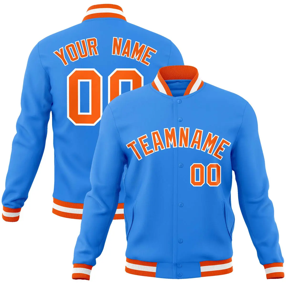 Powder Blue Orange-White Varsity Full-Snap Letterman Jacket