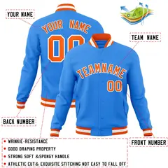 Powder Blue Orange-White Varsity Full-Snap Letterman Jacket 4