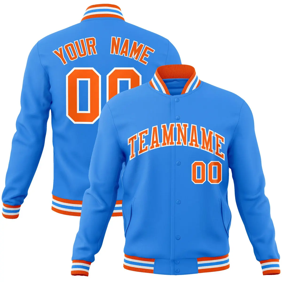 Powder Blue Orange-White Varsity Full-Snap Letterman Jacket