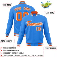 Powder Blue Orange-White Varsity Full-Snap Letterman Jacket 4
