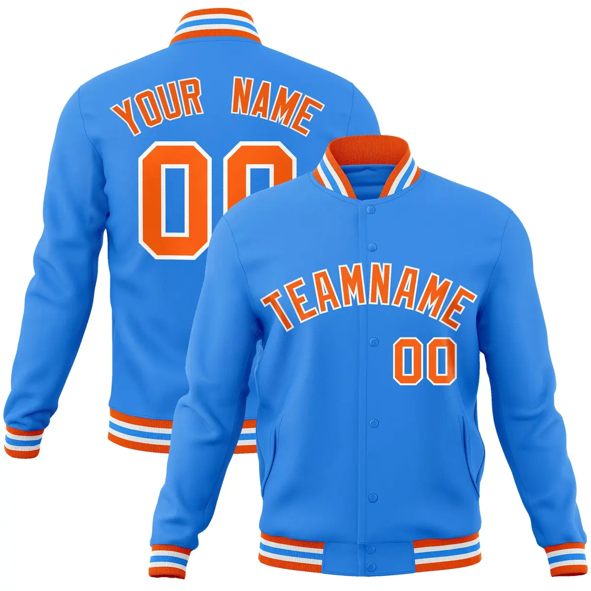 Powder Blue Orange-White Varsity Full-Snap Letterman Jacket