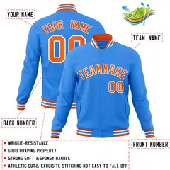 Powder Blue Orange-White Varsity Full-Snap Letterman Jacket 4