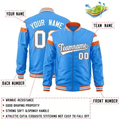 Powder Blue Orange-White Varsity Full-Zip Shoulder Color Block Letterman Bomber Jacket 2