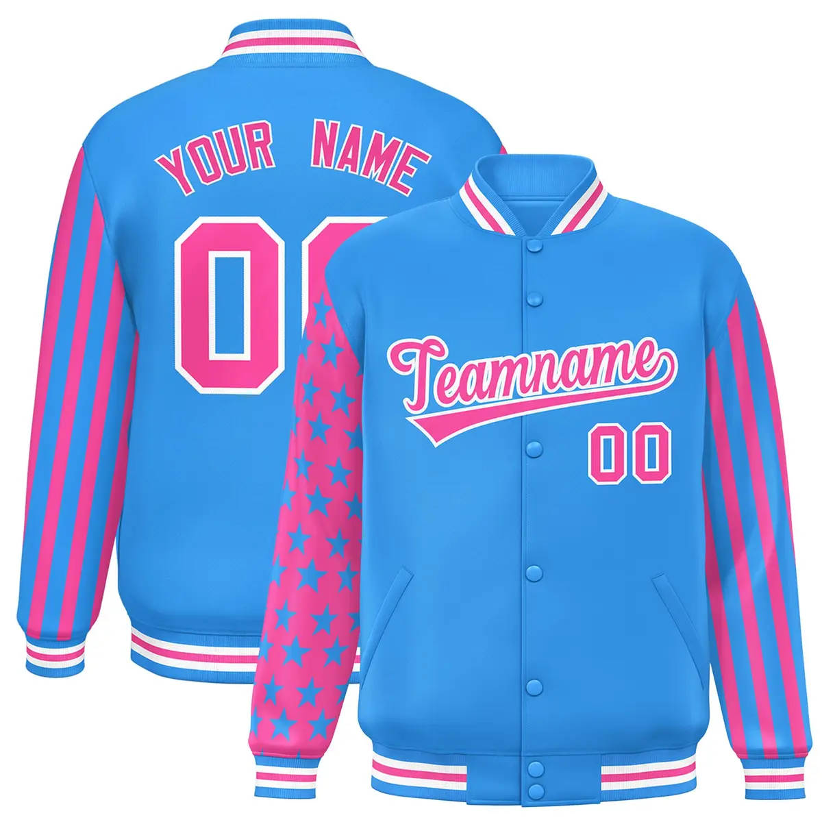 Powder Blue Pink American Flag Varsity Raglan Letterman Bomber Jacket