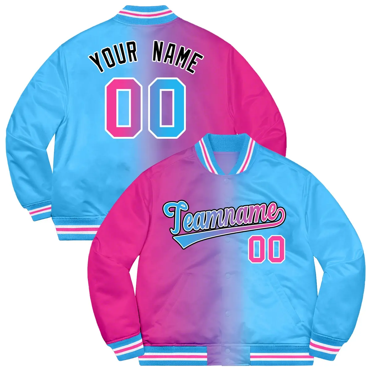 Powder Blue Pink-Black Two Tone Gradient Full-Snap Bomber Jacket