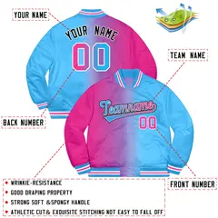 Powder Blue Pink-Black Two Tone Gradient Full-Snap Bomber Jacket 2