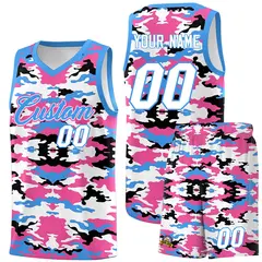 Powder Blue Pink-Black-White Camo Basketball Jersey