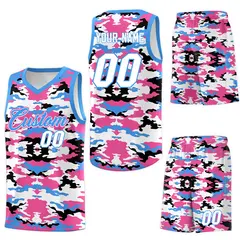 Powder Blue Pink-Black-White Camo Basketball Jersey 6