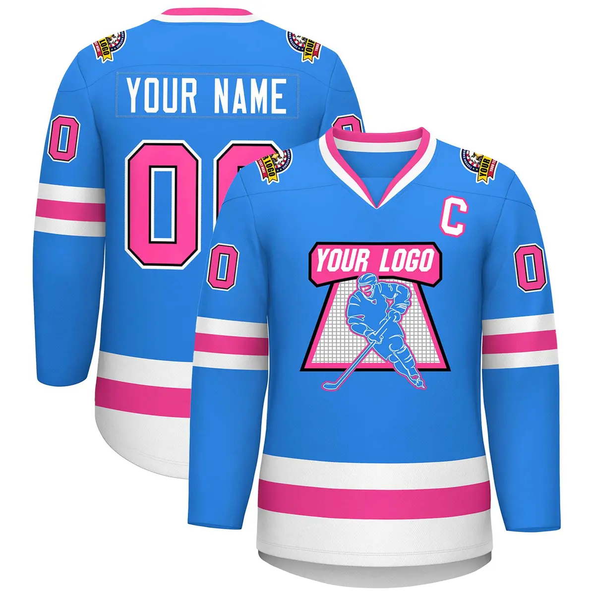 Powder Blue Pink Black-White Classic Style Hockey Jersey