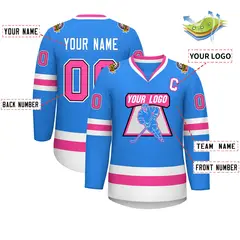 Powder Blue Pink Black-White Classic Style Hockey Jersey 2