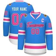 Powder Blue Pink Black-White Classic Style Hockey Jersey 1