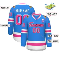 Powder Blue Pink Black-White Classic Style Hockey Jersey 2