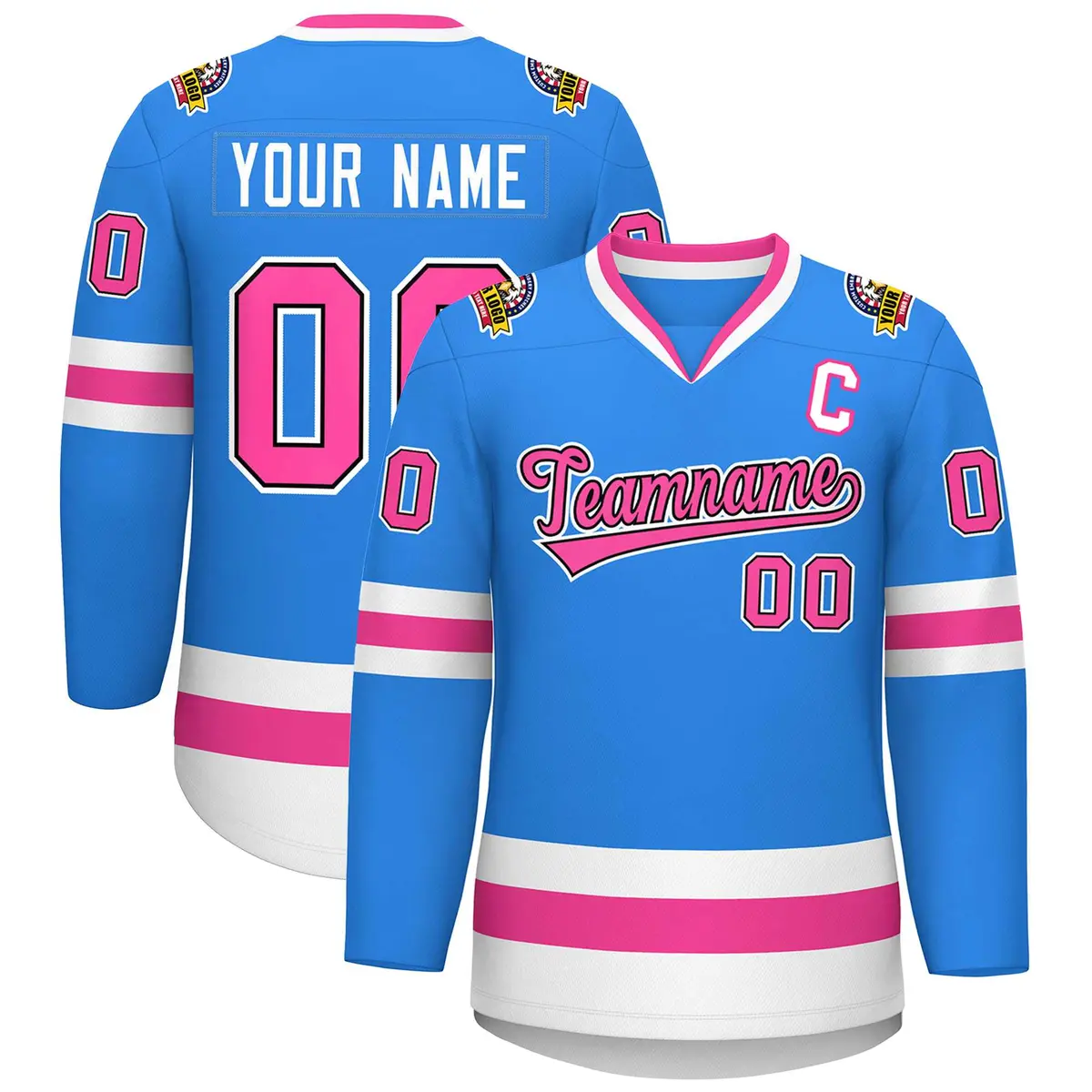 Powder Blue Pink Black-White Classic Style Hockey Jersey